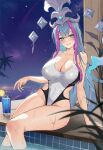 1girl absurdres aqua_eyes aqua_hair aqua_nails bare_shoulders blush breasts character_request cleavage collarbone cup drinking_glass food fruit hair_ornament highres large_breasts lemon long_hair looking_at_viewer multicolored_hair night one-piece_swimsuit paradox_(parapa) parted_lips poll purple_hair shadowverse shadowverse_flame swimsuit thighhighs wet white_one-piece_swimsuit 