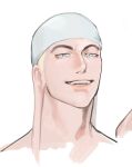  1boy adam&#039;s_apple blonde_hair cropped_head enel head_tilt long_earlobes male_focus one_piece short_hair smile sokometi solo thick_eyebrows 