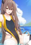  1girl absurdres alternate_costume armband competition_swimsuit flat_chest girls&#039;_frontline grey_hair highleg highleg_swimsuit highres indian_style kotoha_(kotoha65) long_hair one-piece_swimsuit one_side_up partially_submerged scar scar_across_eye scar_on_face sitting spread_legs swimsuit thighhighs ump45_(girls&#039;_frontline) 