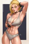  1girl abs ahoge arm_up armpits artist_name blonde_hair blue_eyes breasts cammy_white choker collarbone fingerless_gloves gloves highres large_breasts lips looking_to_the_side midriff panties scar scar_on_cheek scar_on_face sciamano240 signature solo sports_bra street_fighter sweat tank_top thighs underwear wet 