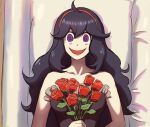  1girl @_@ ahoge bare_shoulders black_dress chips_n_cookies collarbone dress flower hex_maniac_(pokemon) looking_at_viewer lying my_chemical_romance open_mouth pokemon pokemon_(game) pokemon_xy purple_eyes purple_hair red_flower rose smile solo straight-on upper_body 