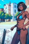  1girl abs ai-generated avatar_legends bikini blue_bikini blue_eyes breasts brown_hair city cityscape dark_skin highres korra large_breasts muscular muscular_female solo stable_diffusion swimsuit the_legend_of_korra 