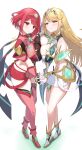  2girls absurdres bare_shoulders blonde_hair blush breast_press breasts chest_jewel cleavage dress earrings elbow_gloves gloves headpiece highres holding_hands interlocked_fingers jewelry large_breasts long_hair looking_at_viewer multiple_girls mythra_(xenoblade) pyra_(xenoblade) red_eyes red_hair short_hair smile swept_bangs symmetrical_docking taro_(peach_taro51) tiara very_long_hair xenoblade_chronicles_(series) xenoblade_chronicles_2 yellow_eyes yuri 