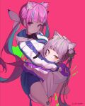  2girls absurdres animal_ear_fluff animal_ears black_shirt blue_hair blue_necktie blue_skirt blunt_bangs braid breasts brown_eyes cat_ears closed_mouth commentary green_hair grey_hair hair_bun hand_on_another&#039;s_head highres hololive hood hooded_jacket hug jacket large_breasts long_hair looking_at_viewer lovelyme minato_aqua multicolored_hair multiple_girls murasaki_shion necktie open_clothes open_jacket pleated_skirt purple_eyes purple_hair red_background shirt single_hair_bun skirt streaked_hair twintails twitter_username virtual_youtuber white_jacket 