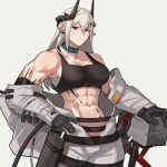  1girl arknights bare_shoulders black_choker black_gloves breasts choker cleavage commentary cowboy_shot crop_top gloves gradient_background grey_background grey_hair hammer highres horns infection_monitor_(arknights) kimmy_tsunami large_breasts long_hair looking_at_viewer midriff mudrock_(arknights) muscular oripathy_lesion_(arknights) pointy_ears red_eyes sarashi solo sports_bra standing stomach weapon 