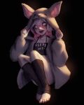  1girl :d black_background blue_nails briar_(league_of_legends) collarbone colored_sclera dappled_sunlight english_commentary feet fingernails full_body grey_hair highres hood hoodie knee_up knees league_of_legends multicolored_hair no_pupils open_mouth pink_sclera sharp_teeth simple_background sitting smile solo streaked_hair sunlight teeth toeless_footwear toenails toes two-tone_hair upper_teeth_only vampire vatheja white_eyes 