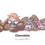  3girls almond animal_ears blush blush_stickers brown_hair chibi chocolate commentary eating english_commentary english_text feather_hair_ornament feathers hair_ornament hakos_baelz hakos_baelz_(1st_costume) heart highres hololive hololive_english instagram_username monja_(monja0521) mouse_ears multiple_girls nanashi_mumei nanashi_mumei_(1st_costume) orange_hair pixiv_username ponytail red_hair takanashi_kiara takanashi_kiara_(1st_costume) twitter_username virtual_youtuber 
