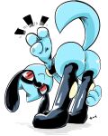  2020 anthro bent_over blue_body butt ekcdayo generation_4_pokemon hand_on_foot hi_res nintendo pokemon pokemon_(species) raised_tail red_eyes riolu signature simple_background smile solo solo_focus tail 