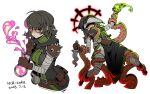  1girl affliction_(darkest_dungeon) bandages belt belt_pouch black_hair blush breasts brown_belt dagger dated finger_to_mouth glasses groping h_ikenuma highres holding holding_dagger holding_knife holding_weapon hood knife medium_breasts medium_hair panties panty_peek pink_eyes plague_doctor_(darkest_dungeon) plague_doctor_mask potion pouch restrained shushing signature simple_background spiked_pauldrons sweatdrop tentacles underwear utility_belt weapon white_background 