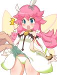  1girl 1other :o blue_eyes clothes_lift cowboy_shot detached_sleeves dragalia_lost dress dress_lift fairy fairy_wings fang flower green_dress green_panties hair_flower hair_ornament long_hair notte_(dragalia_lost) open_mouth panties pink_hair shishimaru_ken&#039;ya strapless strapless_dress surprised underwear white_background wings 