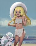  1girl :d alice_(aries) alolan_vulpix beach blonde_hair blunt_bangs blurry blush braid commentary day depth_of_field english_commentary green_eyes hat hat_ribbon highres kneehighs lillie_(pokemon) long_hair looking_at_viewer mixed-language_commentary ocean open_mouth outdoors pokemon pokemon_(anime) pokemon_(creature) pokemon_sm_(anime) ribbon smile socks sun_hat teeth tr3ratna twin_braids upper_teeth_only water white_headwear 