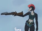  anthro black_lagoon bottomwear clothing crop_top farrythedragon female grenade_launcher hair hi_res hotpants mohawk ranged_weapon red_hair reptile scalie shirt shorts snake solo tomboy topwear weapon xira_decobray 