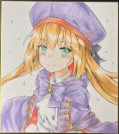  1girl artoria_caster_(fate) artoria_pendragon_(fate) beret blonde_hair blue_bow blue_cloak blue_headwear blush bow cloak closed_mouth collared_shirt commentary_request dakkusu fate/grand_order fate_(series) green_eyes grey_background hair_between_eyes hat highres hood hood_down hooded_cloak long_hair petals photo_(medium) shirt simple_background smile solo traditional_media very_long_hair white_shirt 