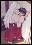  1boy 1girl animal_ears bare_shoulders bead_necklace beads black_hair blush commentary demon_boy dog_boy dog_ears from_above hair_between_eyes hair_over_eyes hakama hetero highres higurashi_kagome indoors inuyasha inuyasha_(character) japanese_clothes jewelry kabedon long_hair long_sleeves miko motobi_(mtb_umk) necklace open_mouth own_hands_together red_hakama red_skirt shirt skirt sweatdrop symbol-only_commentary twitter_username white_hair white_shirt wide_sleeves 