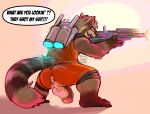  angry assisted_exposure balls brown_body brown_fur clothing exposed exposing fur furry genitals gloves_(marking) guardians_of_the_galaxy gun hi_res leg_markings looking_at_viewer male markings marvel nsfw orange_clothing penis ranged_weapon ring_(marking) ringtail rocket rocket_raccoon simple_background socks_(marking) tail tail_markings tan_body tan_fur weapon yelling 