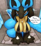  2021 4_fingers anthro big_breasts bikini black_body black_fur blue_body blue_fur breasts clothing dialogue english_text exposure_variation female fingers fluffy fluffy_tail fur generation_4_pokemon looking_at_viewer lucario multicolored_body multicolored_fur nintendo on_ground ozoneserpent pokemon pokemon_(species) red_eyes sling_bikini solo speech_bubble spikes spikes_(anatomy) swimwear tail talking_to_viewer tan_body tan_fur text thick_thighs 