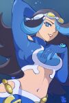  1girl 34_(sanjushi) arm_behind_head black_hair blue_eyes blue_hair breasts crop_top dark-skinned_female dark_skin goggles goggles_on_head highres large_breasts long_hair looking_at_viewer midriff multicolored_hair navel pokemon pokemon_(game) pokemon_oras shelly_(pokemon) sleeves_past_wrists solo two-tone_hair upper_body 