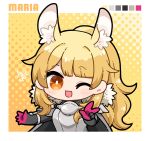  1girl animal_ears arknights armor black_cape black_gloves blemishine_(arknights) blonde_hair border cape character_name chibi color_guide commentary_request dog-san fur-trimmed_cape fur_trim gloves highres horse_ears horse_girl one_eye_closed orange_eyes pink_gloves polka_dot polka_dot_background ponytail sidelocks signature solo two-tone_gloves upper_body w yellow_background 