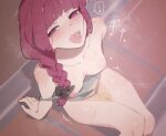  1girl arm_support blush bocchi_the_rock! breasts clothes_pull collarbone dress_pull feet_out_of_frame gsusart hiroi_kikuri looking_at_viewer medium_breasts nipples open_mouth red_eyes red_hair sharp_teeth sitting solo teeth trembling wakamezake 