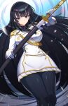  1girl black_hair blue_eyes breasts gloves highres ikaruga_(senran_kagura) katana large_breasts long_hair looking_at_viewer pantyhose psidubs senran_kagura solo sword tachi_(weapon) thighs very_long_hair weapon white_gloves 