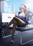  1girl absurdres black_pantyhose black_skirt black_thighhighs breasts bronya_zaychik bronya_zaychik_(silverwing:_n-ex) byadam copyright_name crossed_bangs crossed_legs drill_hair full_body genshin_impact glasses grey_eyes grey_hair grey_shirt high_heels highres honkai_(series) honkai_impact_3rd large_breasts long_hair long_sleeves looking_at_viewer mihoyo monitor office_lady pantyhose shirt sidelocks sitting sitting_on_table skirt solo thighhighs very_long_hair 