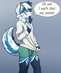  anthro azucaster bootywithabolt bottomwear bulge canid canine canis clothed clothing dialogue eyewear fur glasses hair hi_res looking_at_viewer male mammal simple_background smile solo tail text 