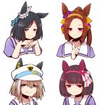  4girls animal_ears aqua_eyes belt black_hair blue_belt blue_ribbon blunt_bangs bob_cut bow bright_pupils brown_hair cheval_grand_(umamusume) commentary ear_covers ear_flower ear_ornament ear_ribbon ear_scrunchie ears_through_headwear eishin_flash_(umamusume) flower gold_hairband hair_between_eyes hair_ornament hairband half-closed_eyes hat head_rest high_ponytail highres horse_ears horse_girl index_finger_raised inverted_bob long_hair looking_at_viewer multicolored_hair multiple_girls nishino_flower_(umamusume) peaked_cap pink_eyes pink_flower pink_hairband pink_ribbon ribbon sailor_collar sakura_bakushin_o_(umamusume) school_uniform short_hair simple_background smile streaked_hair striped striped_bow striped_ribbon summer_uniform tracen_school_uniform two-tone_hair two-tone_ribbon umamusume white_hair white_headwear white_ribbon white_sailor_collar x_hair_ornament yonedatomo_mizu 