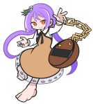  1girl barefoot biwa_lute brown_dress chain closed_mouth commentary crescent dress flower hair_flower hair_ornament instrument long_hair long_sleeves looking_at_viewer lute_(instrument) orange_eyes parody purple_hair puyopuyo shinmon_akika simple_background smile solo star_(symbol) style_parody touhou tsukumo_benben white_background white_flower 