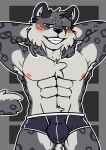  abs absurd_res anthro athletic bedroom_eyes blush bulge clothing dev_(i_think_i_like_you) felid fur grey_body grey_fur grin half-closed_eyes hands_behind_head hi_res i_think_i_like_you leopard_spots looking_down male mammal muscular narrowed_eyes nipples pantherine pecs saku1saya seductive smile snow_leopard solo spots toothy_grin underwear 