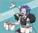  +++ armband blue_hair blue_ribbon blue_sky chesed_(project_moon) closed_eyes coffee coffee_mug collared_shirt commentary_request cup english_text grey_vest hakka_(ariel0104) holding holding_cup judgement_bird lobotomy_corporation long_sleeves lower_teeth_only mug neck_ribbon open_mouth project_moon ribbon shirt short_hair sky teeth vest white_shirt 