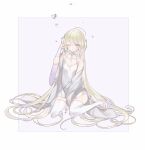  1girl absurdly_long_hair absurdres ahoge bare_shoulders between_legs blonde_hair blush breasts bridal_gauntlets bridal_legwear dress full_body grey_robe hair_ribbon hand_between_legs highres long_hair looking_at_viewer msa_(fary_white) off_shoulder one_eye_closed open_clothes open_robe original purple_eyes ribbon robe short_dress simple_background sitting sleeveless sleeveless_dress slit_pupils small_breasts solo thighhighs very_long_hair wariza white_background white_dress white_thighhighs 