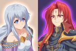  1boy 1girl bare_shoulders black_cape black_coat blue_eyes breasts brother_and_sister cape circlet coat dress faceoff facial_mark fire_emblem fire_emblem:_genealogy_of_the_holy_war forehead_mark ibushi_(oath) julia_(fire_emblem) julius_(fire_emblem) long_hair red_eyes red_hair scowl siblings simple_background twins white_hair 