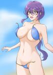  1girl absurdres aqua_eyes bare_arms bare_shoulders beach bell bikini black-framed_eyewear blue_bikini blue_sky blurry blurry_background blush breasts cloud collarbone commentary_request cowboy_shot day glasses groin hair_bell hair_between_eyes hair_ornament highres hoshimi_junna jingle_bell large_breasts long_hair looking_away looking_down low_ponytail navel nittora nose_blush ocean open_mouth outdoors ponytail purple_hair raised_eyebrows shoujo_kageki_revue_starlight sky solo standing stomach strapless strapless_bikini string_bikini swimsuit very_long_hair wardrobe_malfunction water_drop wet wet_hair 