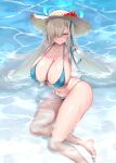  1girl asuna_(blue_archive) bare_shoulders bikini blue_bikini blush breasts chikage_(blackclownery) cleavage collarbone grin hair_over_one_eye halo hat highres large_breasts light_brown_hair long_hair looking_at_viewer mole mole_on_breast navel smile solo straw_hat swimsuit very_long_hair wet 