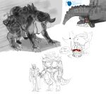 2_horns anthro anthrofied areola armor bethesda_softworks big_breasts black_areola bodily_fluids breasts butt butt_slap claws clothed clothing coat crush curvy_figure deathclaw digital_drawing_(artwork) digital_media_(artwork) digitigrade doctordj duo english_text facesitting fallout fallout_nv female gameplay_mechanics grey_body grey_scales hand_holding headgear helmet hi_res horn huge_breasts human larger_female licking licking_another male male/female mammal ncr_ranger_(fallout) nude overweight pip-boy plantigrade romantic romantic_couple saliva scales scalie shaded shaded_sketch sitting_on_another size_difference sketch_page slap speech_bubble spiked_tail spikes spikes_(anatomy) tail teeth text the_courier_(fallout) thick_thighs tongue tongue_out topwear voluptuous wall_(structure) 