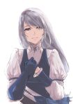  1girl belt blue_gloves blue_necktie blush closed_mouth elbow_gloves final_fantasy final_fantasy_xvi gauntlets gloves grey_hair hand_on_own_chest happy_tears highres holding_own_arm jill_warrick long_hair looking_at_viewer necktie own_hands_together puffy_sleeves ribbon shirt simple_background single_elbow_glove single_gauntlet single_glove smile solo tears ttttomo_en upper_body white_background white_shirt 