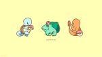  animal_focus bulbasaur charmander claws closed_mouth flame-tipped_tail highres holding holding_poke_ball mijinkohanako no_humans object_on_head poke_ball poke_ball_(basic) pokemon pokemon_(creature) simple_background solid_oval_eyes squirtle starter_pokemon_trio turtle_shell yellow_background 