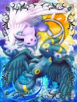 animal_focus black_wings espeon feathers forehead_jewel hidora highres light_particles no_humans no_mouth pokemon pokemon_(creature) purple_eyes red_eyes sun umbreon white_wings wings yin_yang 