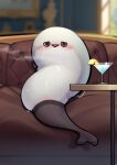  animal_focus black_pantyhose blurry blurry_background blush cocktail cocktail_glass couch cup drinking_glass fish full_body hane_(15188414) highres indoors looking_at_viewer no_humans open_mouth original pantyhose sacabambaspis sitting steam sweat table triangle_mouth 