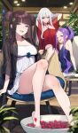  3girls 92m arms_behind_head arms_up bare_shoulders black_shirt blue_dress blue_eyes blush breasts carmilla_(fate) chair cleavage collarbone double_bun dress fate/grand_order fate_(series) forehead hair_bun hair_ornament large_breasts leaf_hair_ornament long_hair long_sleeves looking_at_viewer multiple_girls open_clothes open_shirt parted_bangs purple_eyes purple_hair red_dress shirt sidelocks single_hair_bun sitting small_breasts smile textless_version twintails very_long_hair white_dress white_hair wu_zetian_(fate) yang_guifei_(fate) yellow_eyes 
