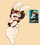  anthro big_butt bottomless breasts butt clothed clothing dress female hair hi_res kanya_(mario_plus_rabbids) lagomorph legwear leporid mammal mario_plus_rabbids_sparks_of_hope markings mole_(marking) multicolored_hair open_mouth rabbid rabbit raving_rabbids rayman_(series) severingaxis183 sharp_teeth smile solo teeth thigh_highs tongue tongue_out two_tone_hair ubisoft white_body yellow_eyes 