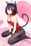  +_+ 1girl :3 absurdres ahoge animal_ear_fluff animal_ears bangs bare_shoulders bell black_nails black_pantyhose bob_cut breasts cat_ears cat_girl cat_tail cleavage closed_mouth collar fang full_body heart highres honkai_(series) honkai_impact_3rd latex latex_leotard leotard medium_breasts nail_polish neck_bell no_shoes nukw27 pantyhose pink_background red_eyes red_hair red_leotard seele_(alter_ego) seele_vollerei seiza short_hair sitting smile solo strapless strapless_leotard tail tattoo 