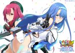  2girls anniversary blue_eyes blue_hair bodysuit breasts brown_eyes choukou_shinki_ixseal confetti elbow_gloves ellis_xillia escalation_heroines gloves hairband high_collar houshou_kirika large_breasts long_hair looking_at_viewer mecha_musume multiple_girls official_art onigirikun red_hair side_ponytail 