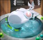  2023 absurd_res after_vore anthro anthro_pred asaneman belly big_belly big_breasts breasts canid canine dialogue digestion female female_pred fluffy fluffy_tail fox fur green_eyes hi_res huge_breasts kea_(asaneman) mammal nipples nude solo tail thick_thighs vore white_body white_fur 