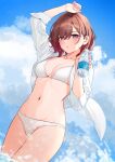  1girl absurdres bikini blue_sky blush bottle breasts brown_hair cleavage cloud collarbone groin highres higuchi_madoka holding holding_bottle idolmaster idolmaster_shiny_colors looking_at_viewer medium_breasts mole mole_under_eye navel nonbire open_clothes open_shirt pocari_sweat red_eyes redrawn shirt sky solo splashing swimsuit wading white_bikini white_shirt 