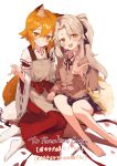  2girls absurdres animal_ear_fluff animal_ears apron blonde_hair blush cardigan fox_ears fox_girl fox_shadow_puppet fox_tail highres holding_hands interlocked_fingers japanese_clothes light_brown_hair long_hair looking_at_viewer multiple_girls open_mouth senko_(sewayaki_kitsune_no_senko-san) sewayaki_kitsune_no_senko-san short_eyebrows short_hair smile tail timo_wei95 v very_long_hair wide_sleeves yellow_eyes 