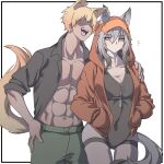  1boy 1girl abs animal_ears arknights black_one-piece_swimsuit blonde_hair breasts cleavage closed_mouth collarbone ear_piercing faceless faceless_male grey_fur grey_hair hand_on_another&#039;s_shoulder hands_in_pockets hood hoodie long_sleeves male_swimwear muscular muscular_male noiimad one-piece_swimsuit open_clothes open_mouth open_shirt piercing projekt_red_(arknights) projekt_red_(light_breeze)_(arknights) simple_background sleeves_rolled_up swim_trunks swimsuit tail teeth tongue upper_teeth_only white_background wolf_boy wolf_ears wolf_girl wolf_tail yellow_eyes yellow_fur 