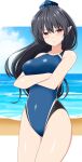  1girl beach black_hair blue_headwear blue_one-piece_swimsuit blush breasts brown_eyes commentary_request commission crossed_arms half-closed_eyes hat highres horizon iizunamaru_megumu large_breasts long_hair looking_at_viewer multiple_sources one-piece_swimsuit outdoors parted_lips pointy_ears rise_(rise19851203) second-party_source skeb_commission solo swimsuit tokin_hat touhou tripod 