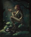  1girl animal artist_name curly_hair eyelashes fantasy forest highres holding holding_animal leaf light_rays long_hair monster_girl mouse mushroom nature nude original outdoors parted_lips plant_girl red_hair sesart tree watermark 