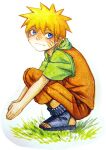  artist_name blonde_hair blue_eyes child commentary commentary_request denoro forehead_protector grass looking_to_the_side naruto naruto_(series) ninja orange_overalls orange_pants overalls pants photoshop_(medium) russian_commentary sandals signature spiked_hair uzumaki_naruto 